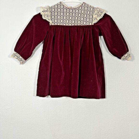 Vtg Love Dress Kids 4T Velvet Burgundy Lace Ruffle Mormon Cottagecore